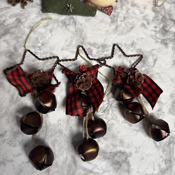 Rustic Country Christmas Tree Ornaments Lot of 7 Star Snowman Bell Reindeer Red - Picture 2 of 4